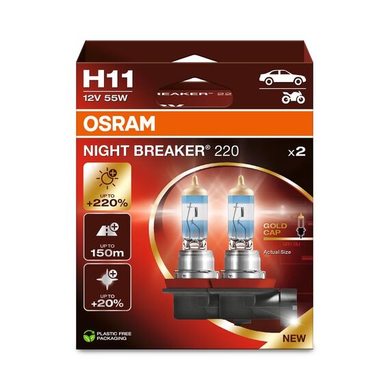 Osram NIGHT BREAKER 220, H11, +220% mehr Helligkeit, Halogen-Scheinwerferlampe, 64211NB220-2HB, Faltschachtel (2 Lampen), white