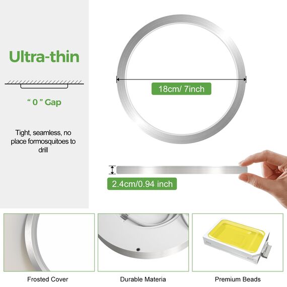 zemty 3Farben 3000/4000/6500K LED Deckenleuchte Flach, 15W 1800LM Ø18cm Deckenleuchten, Nickel Rund Ultra Dünn Deckenlampe LED Lampen Deckenlampen,Deckenbeleuchtung für Badezimmer,Küche