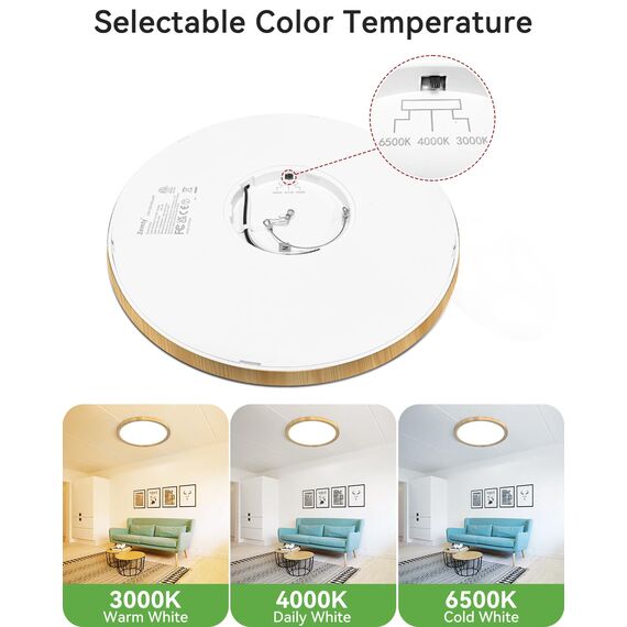 Zemty 24W LED Deckenleuchte Flach 29.5cm 3Farben 3000/4000/6500K Deckenlampe, Holzoptik Ultra Dünn LED Lampen Deckenlampen,Deckenleuchten Deckenbeleuchtung für Badezimmer,Wohnzimmer,Küche,Schlafzimmer