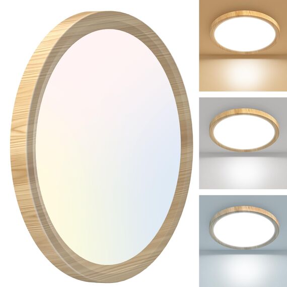 Zemty 24W LED Deckenleuchte Flach 29.5cm 3Farben 3000/4000/6500K Deckenlampe, Holzoptik Ultra Dünn LED Lampen Deckenlampen,Deckenleuchten Deckenbeleuchtung für Badezimmer,Wohnzimmer,Küche,Schlafzimmer