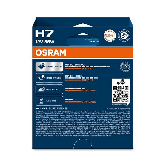Osram COOL BLUE® INTENSE H7, +100% mehr Helligkeit, bis zu 5.000K, Halogen-Scheinwerferlampe, LED-Look, Hängebox (2 Lampen)