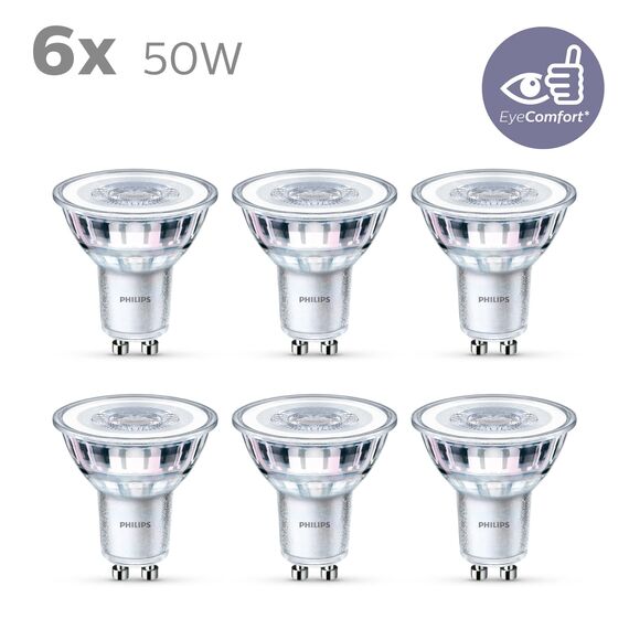 Philips LED Classic GU10 Lampen 6-er Pack (50 W), Reflektor LED Spots mit warmweißem Licht, energiesparende Lampen mit langer Nutzlebensdauer, Warmweiß
