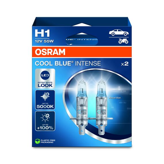 OSRAM COOL BLUE® INTENSE H1, +100% mehr Helligkeit, bis zu 5.000K, Halogen-Scheinwerferlampe, LED-Look, Hängebox (2 Lampen)