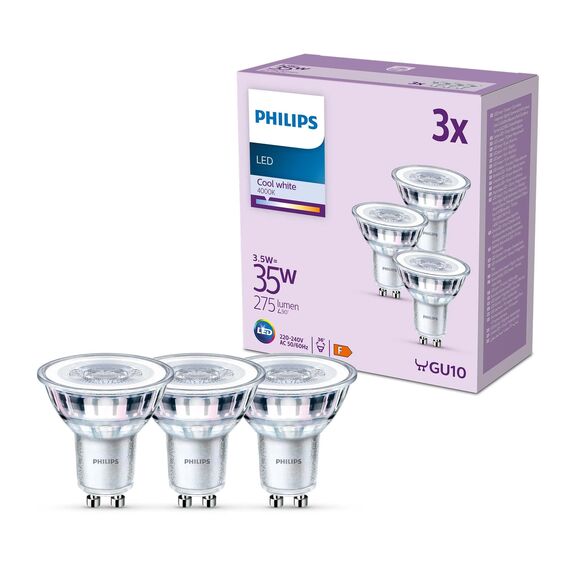 Philips Classic LED GU10 Lampe, 35W, klar, neutralweiß, nicht dimmbar, 3er Pack, Kaltweiß