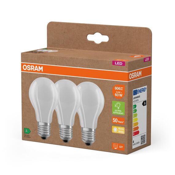 OSRAM Hocheffiziente LED Lampen mit Energieeffizienz Klasse A, Vorteilspack mit 30 Leuchtmittel, ersetzt herkömmliche 60W Glühbirnen, Birnenform, warmweiß(2700K), E27, mattes Glas