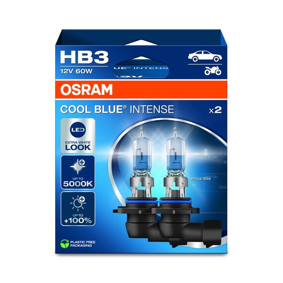 Osram COOL BLUE® INTENSE HB3, +100% mehr Helligkeit, bis zu 5.000K, Halogen-Scheinwerferlampe, LED-Look, Hängebox (2 Lampen)
