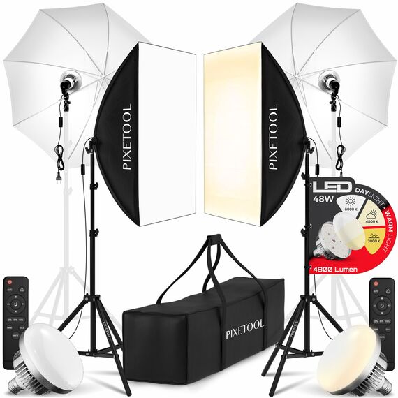 PIXETOOL Fotostudio Set – 2 Softbox Licht, 2 Durchlichtschirm, 2 LED Lampen 4800 Lumen 3000-6000K – 50x70 cm Softboxen - Fotolicht Videolicht Fotolampe – Light Streaming Video Fotografie Studiolicht