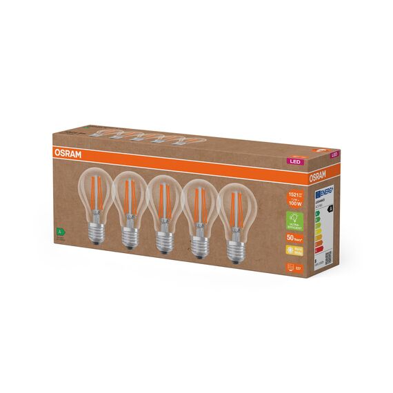 OSRAM Hocheffiziente LED Lampen mit Energieeffizienz Klasse A, Vorteilspack mit 5 Leuchtmittel, ersetzt herkömmliche 100W Glühbirnen, warmweiß(2700K), E27, Filament Glas, Klar