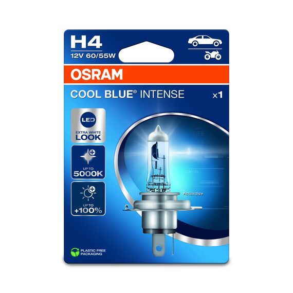 OSRAM COOL BLUE® INTENSE H4, +100% mehr Helligkeit, bis zu 5.000K, Halogen-Scheinwerferlampe, LED-Look, Einzelblister (1 Lampe)