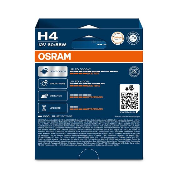 Osram COOL BLUE® INTENSE H4, +100% mehr Helligkeit, bis zu 5.000K, Halogen-Scheinwerferlampe, LED-Look, Hängebox (2 Lampen)