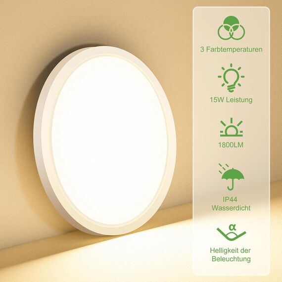 zemty 3Farben 3000/4000/6500K LED Deckenleuchte Flach, 15W 1800LM Ø18cm Deckenleuchten, Rund Ultra Dünn Deckenlampe LED Lampen Deckenlampen,Deckenbeleuchtung für Badezimmer,Küche,Schlafzimmer