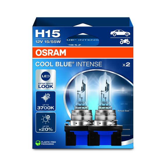 Osram COOL BLUE® INTENSE H15, +20% mehr Helligkeit, bis zu 3.700K, Halogen-Scheinwerferlampe, LED-Look, Hängebox (2 Lampen)