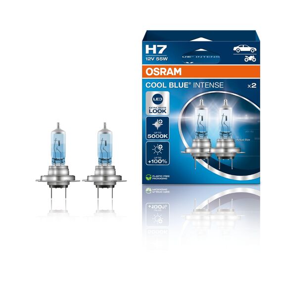 Osram COOL BLUE® INTENSE H7, +100% mehr Helligkeit, bis zu 5.000K, Halogen-Scheinwerferlampe, LED-Look, Hängebox (2 Lampen)