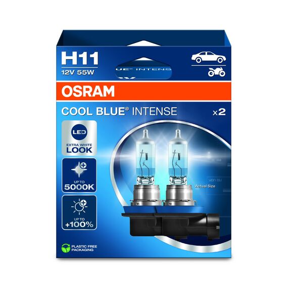 Osram COOL BLUE® INTENSE H11, +100% mehr Helligkeit, bis zu 5.000K, Halogen-Scheinwerferlampe, LED-Look, Hängebox (2 Lampen)