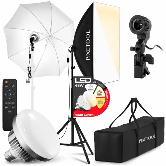PIXETOOL Fotostudio Set – 1 Softbox Licht, Durchlichtschirm, LED Lampe 4800 Lumen 3000-6000K – 50x70 cm Softboxen - Fotolicht Videolicht Fotolampe – Light Streaming Video Fotografie Studiolicht