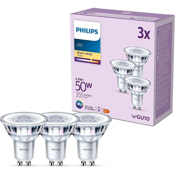 PHILIPS LED Classic GU10 Lampen 3-er Pack (50 W), Reflektor LED Spots mit warmweißem Licht, energiesparende Lampen mit langer Nutzlebensdauer, Warmweiß