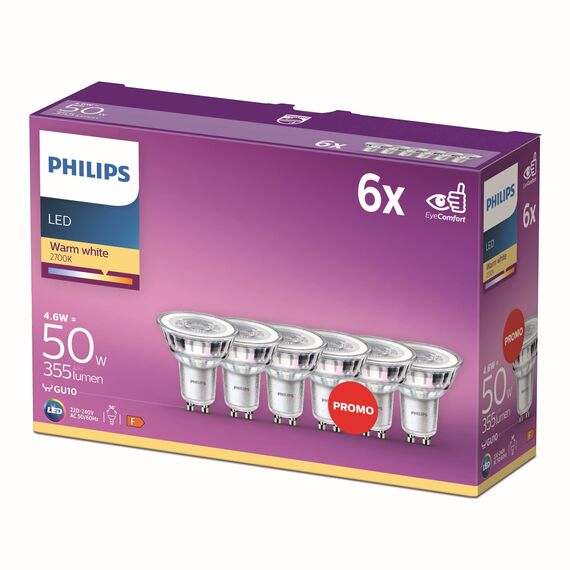 Philips LED Classic GU10 Lampen 6-er Pack (50 W), Reflektor LED Spots mit warmweißem Licht, energiesparende Lampen mit langer Nutzlebensdauer, Warmweiß