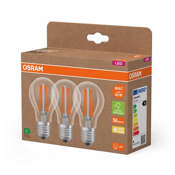 OSRAM Hocheffiziente LED Lampen mit Energieeffizienz Klasse A, Vorteilspack mit 30 Leuchtmittel, ersetzt herkömmliche 60W Glühbirnen, Birnenform, warmweiß(2700K), E27, Filament Glas
