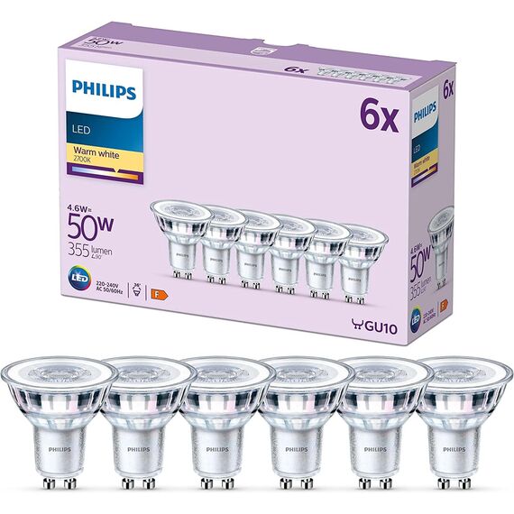 Philips LED Classic GU10 Lampen 6-er Pack (50 W), Reflektor LED Spots mit warmweißem Licht, energiesparende Lampen mit langer Nutzlebensdauer, Warmweiß