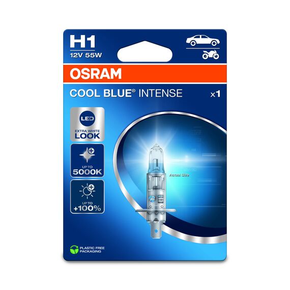 OSRAM COOL BLUE® INTENSE H1, +100% mehr Helligkeit, bis zu 5.000K, Halogen-Scheinwerferlampe, LED-Look, Einzelblister (1 Lampe)