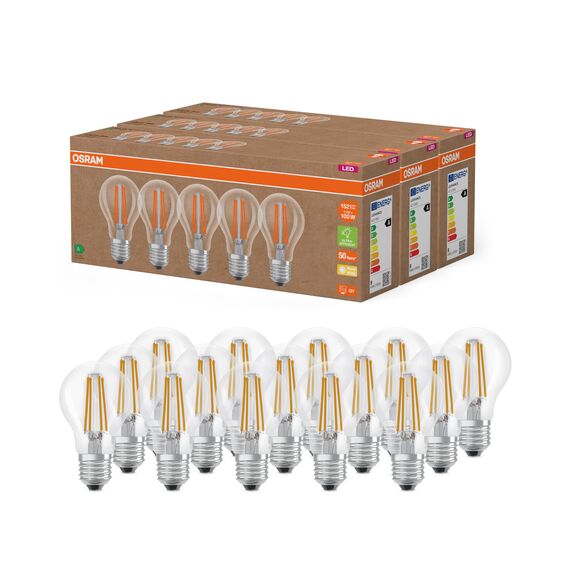 Osram Hocheffiziente LED Lampen mit Energieeffizienz Klasse A, Vorteilspack mit 15 Leuchtmittel, ersetzt herkömmliche 100W Glühbirnen, warmweiß(2700K), E27, Filament Glas