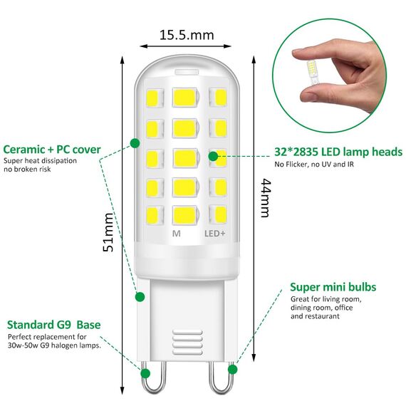 Tailcas G9 LED Lampen Kaltweiss 6000K, 3W LED Lampe Ersatz für 30W 40W 50W Halogenlampen, 350 Lumen G9 Leuchtmittel, Nicht Dimmbar Kein Flimmern, 360° Abstrahlwinkel, AC 220-240V 6er Pack