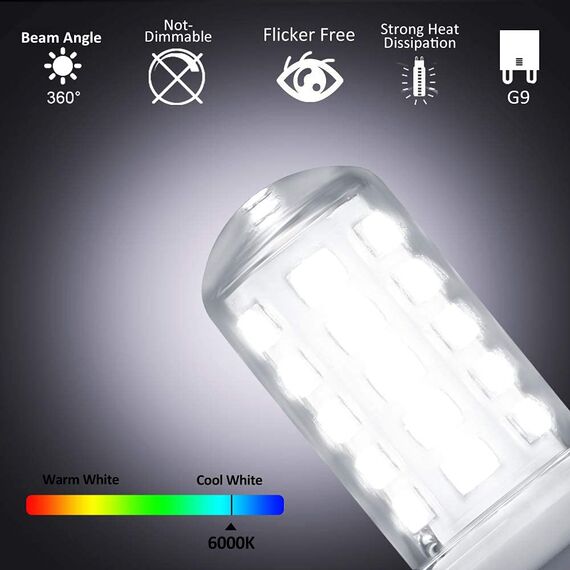 Tailcas G9 LED Lampen Kaltweiss 6000K, 3W LED Lampe Ersatz für 30W 40W 50W Halogenlampen, 350 Lumen G9 Leuchtmittel, Nicht Dimmbar Kein Flimmern, 360° Abstrahlwinkel, AC 220-240V 6er Pack