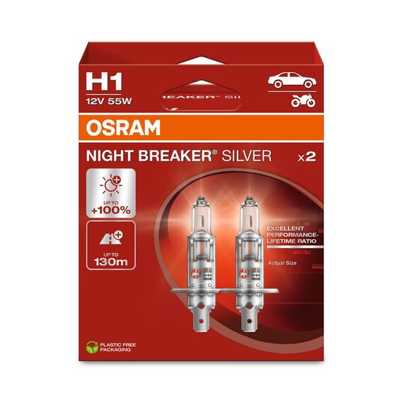 Osram NIGHT BREAKER SILVER H1, +100% mehr Helligkeit, Halogen-Scheinwerferlampe, 64150NBS-2HB, 12V Pkw, Hängebox (2 Lampen)