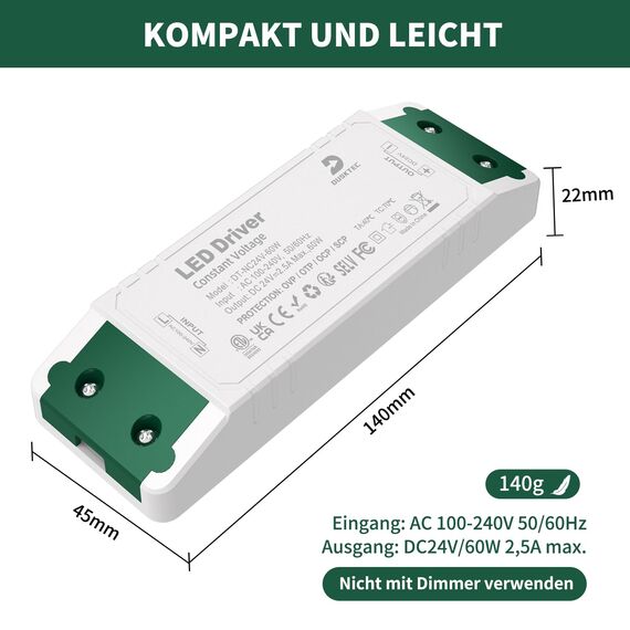LED Netzteil 24V 2,5A, LED Trafo Transformator 230V auf 24V DC, Treiber 24 Volt 60 Watt, IP44 LED Driver Power Supply Gleichstrom Konstantspannungs für Streifen Lampen, DUSKTEC