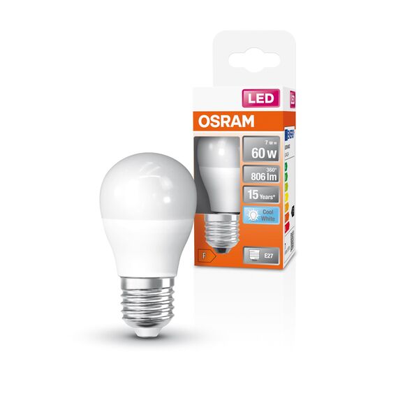 Osram LED-Lampen, klassische Miniballform, 60 Watts Ersatz, E27, P-shape, 4000 Kelvin, Kalt weiß, Matt, single Pack