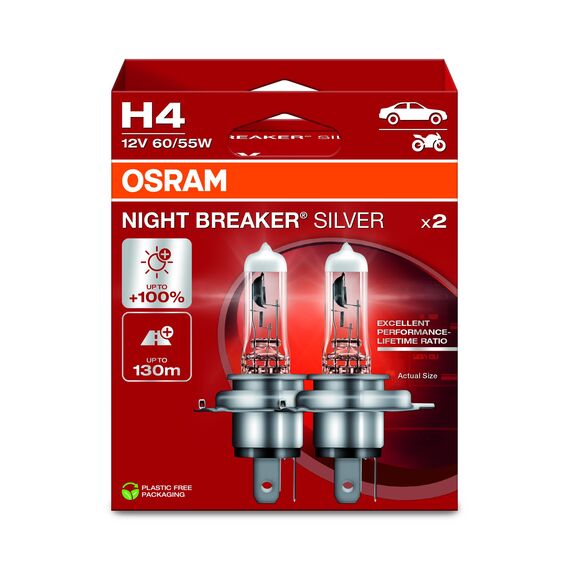 Osram NIGHT BREAKER SILVER H4, +100% mehr Helligkeit, Halogen-Scheinwerferlampe, 64193NBS-2HB, 12V Pkw, Hängebox (2 Lampen)