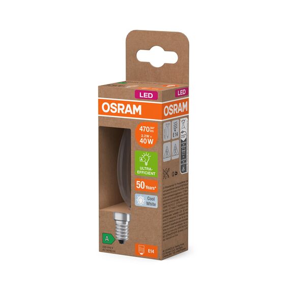 OSRAM Energy Class LED-Lampe in klassischer Minikerzenform, 2.2 W / 470 lm, EEK A, kaltweißes Licht (4000 K), CRI 80, aus klarfarbenem bleifreiem Glas, E14 Sockel, IP20, 35 mm DM,6-Pack