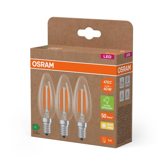 OSRAM Hocheffiziente LED Lampen mit Energieeffizienz Klasse A, Vorteilspack mit 30 Leuchtmittel, ersetzt herkömmliche 40W Glühbirnen, Kerzenform, warmweiß(2700K), E14, Filament Glas