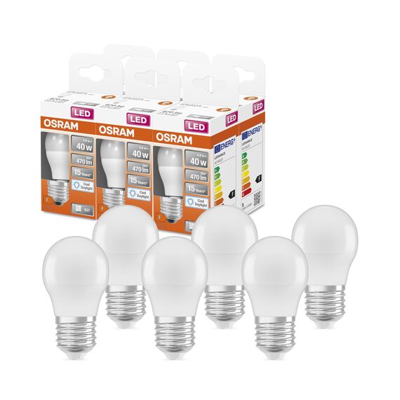 OSRAM LED Star Classic A40 LED Lampe für E27 Sockel, Birnenform, FR, 470 Lumen, tageslichtweiß (6500K), Ersatz für herkömmliche 40W Glühbirnen, nicht dimmbar, 6er-Pack