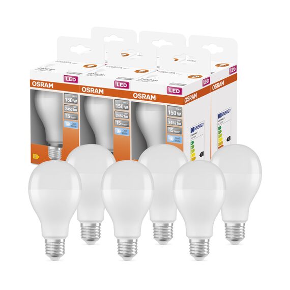 OSRAM LED Star Classic A150 LED Lampe für E27 Sockel, Birnenform, FR, 2452 Lumen, kaltweiß (4000K), Ersatz für herkömmliche 150W Glühbirnen, nicht dimmbar, 6er-Pack