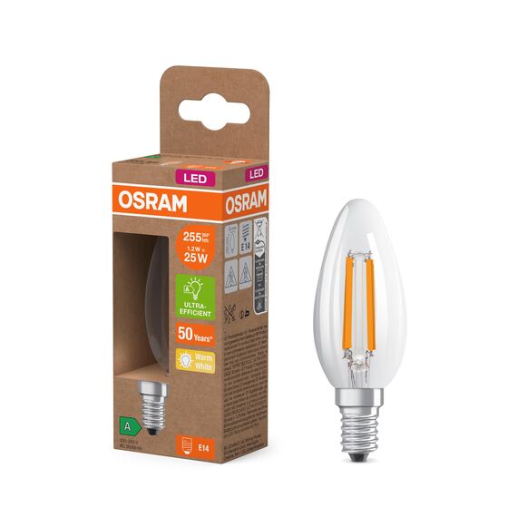 Osram LED-Lampe in klassischer Miniballform, mit dekorativem LED-Filament, Energieeffizienzklasse A, E14, 1.2 W, 255 lm, 2700 K, warmweiß. Ohne Aufwärmen, sofort 100% Licht, Klar