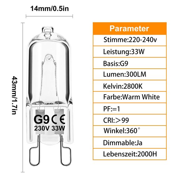 Jaenmsa G9 Halogen Leuchtmittel 12 Stück, G9 33W 230V Dimmbar Halogenlampen, Nicht Flimmern Kapsel Glühbirnen, Warmweiß Lampen 2700K für Backofenlampe, Deckenleuchten, Leuchter