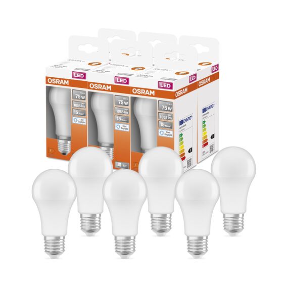 OSRAM LED Star Classic A75 LED Lampe für E27 Sockel, Birnenform, FR, 1055 Lumen, tageslichtweiß (6500K), Ersatz für herkömmliche 75W Glühbirnen, nicht dimmbar, 6er-Pack
