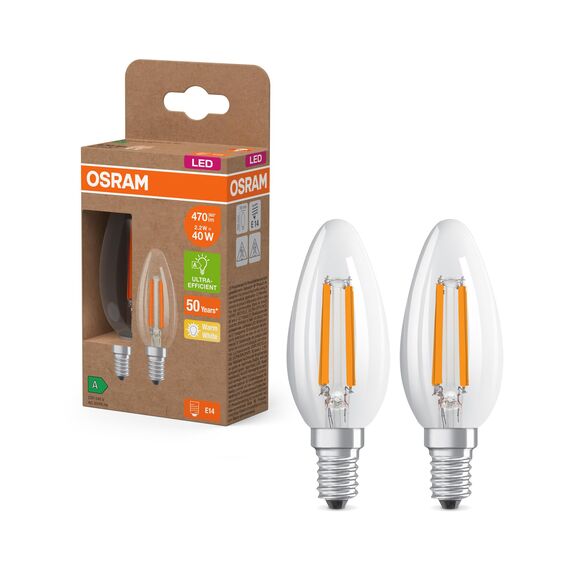 OSRAM LED Superstar Classic LED-Lampe B 40 in klassischer Minikerzenform, klarer Glaskörper, 2.2 W, 470 lm, E14 Fassung, warmweißes Licht mit 2700 K, EEK A, 35 mm Durchmesser, 2er-Pack