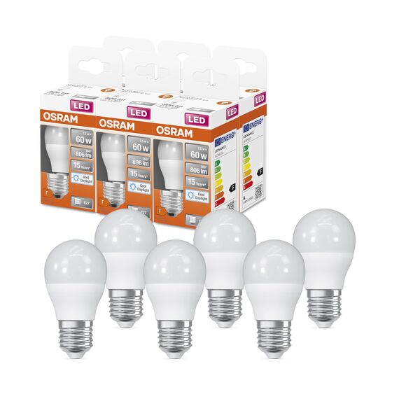OSRAM LED Star Classic P60 LED Lampe für E27 Sockel, Tropfenform, FR, 806 Lumen, warmweiß (2700K), Ersatz für herkömmliche 60W Glühbirnen, nicht dimmbar, 6er-Pack, Tageslichtweiß