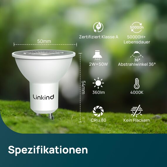 Linkind Ultraeffiziente GU10 LED Lampe, 2W ersetzt 50W, 4000K Neutralweiß mit Energieeffizienz-Label-A, Nicht Dimmbar Glühbirne 360Lm, 36° Abstrahlwinkel, Klasse-A GU10 LED Birne, 2 Stück