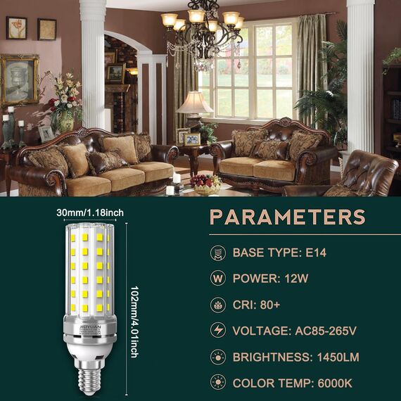 E14 LED Maisbirne 12W Kaltweiß 6000K 1450LM, 100W Glühbirnen Ersetzung, Edison-Schraube, Kerzenlicht, Maiskolben, Energiesparlampe, Nicht dimmbar - 4er Pack