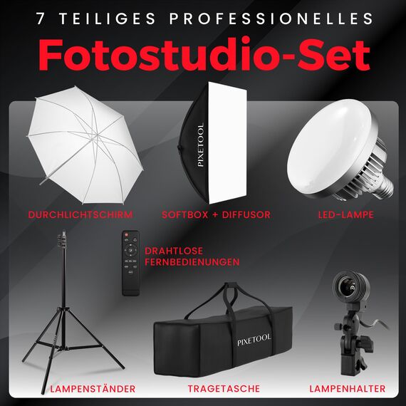 PIXETOOL Fotostudio Set – 1 Softbox Licht, Durchlichtschirm, LED Lampe 4800 Lumen 3000-6000K – 50x70 cm Softboxen - Fotolicht Videolicht Fotolampe – Light Streaming Video Fotografie Studiolicht