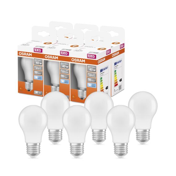 OSRAM LED Star Classic A40 LED Lampe für E27 Sockel, Birnenform, FR, 470 Lumen, kaltweiß (4000K), Ersatz für herkömmliche 40W Glühbirnen, nicht dimmbar, 6er-Pack, Warmweiß
