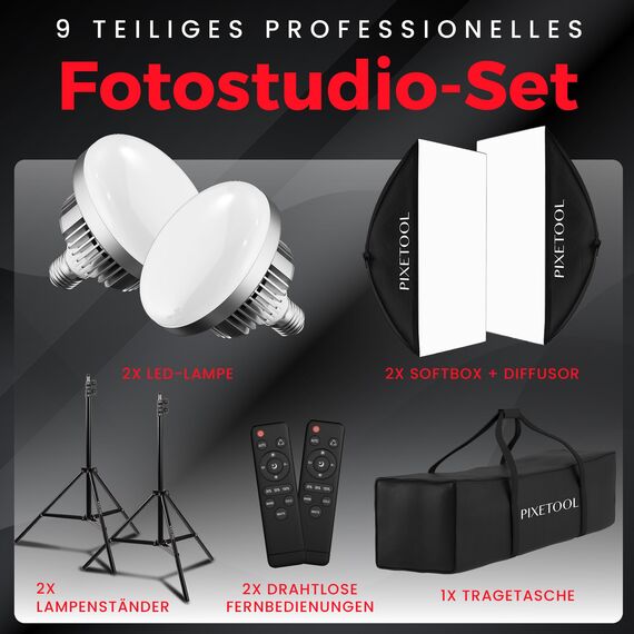 PIXETOOL Fotostudio Set – 2 Softbox 50x70 cm, 2 LED Lampen 4800 Lumen 3000-6000K Licht – Softboxen - Fotolicht Videolicht Fotolampe – Light Streaming Video Fotografie Studiolicht