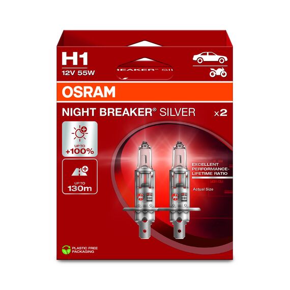 Osram NIGHT BREAKER SILVER H1, +100% mehr Helligkeit, Halogen-Scheinwerferlampe, 64150NBS-2HB, 12V Pkw, Hängebox (2 Lampen)