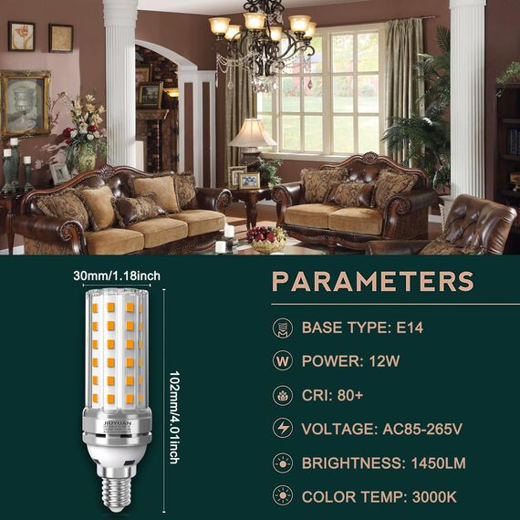 12 W E14 LED-Leuchtmittel, LED-Kandelaber-Glühbirne, 100 W entspricht einer Glühlampe, 360 ° Licht warmweiß 3000 K, 1450 lm, CRI>80+, nicht dimmbar, Edison-Glühbirne, 4 Stück