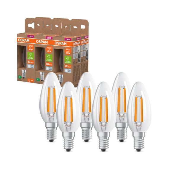 OSRAM Energy Class LED-Lampe in klassischer Minikerzenform, 2.2 W / 470 lm, EEK A, kaltweißes Licht (4000 K), CRI 80, aus klarfarbenem bleifreiem Glas, E14 Sockel, IP20, 35 mm DM,6-Pack