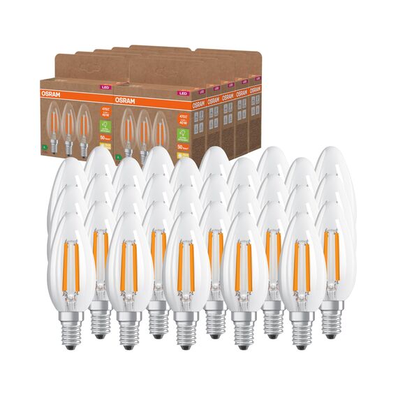 OSRAM Hocheffiziente LED Lampen mit Energieeffizienz Klasse A, Vorteilspack mit 30 Leuchtmittel, ersetzt herkömmliche 40W Glühbirnen, Kerzenform, warmweiß(2700K), E14, Filament Glas