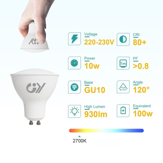 GY GU10 LED Warmweiss Lampe,10W 2700K 930 Lumen Warmweiß Glühbirnen,Ersetzt 100W Leuchtmittel,Abstrahlwinkel 120° Reflektor Lampen,Nicht Dimmbar Led Birnen,6 stück [Energieklasse E]